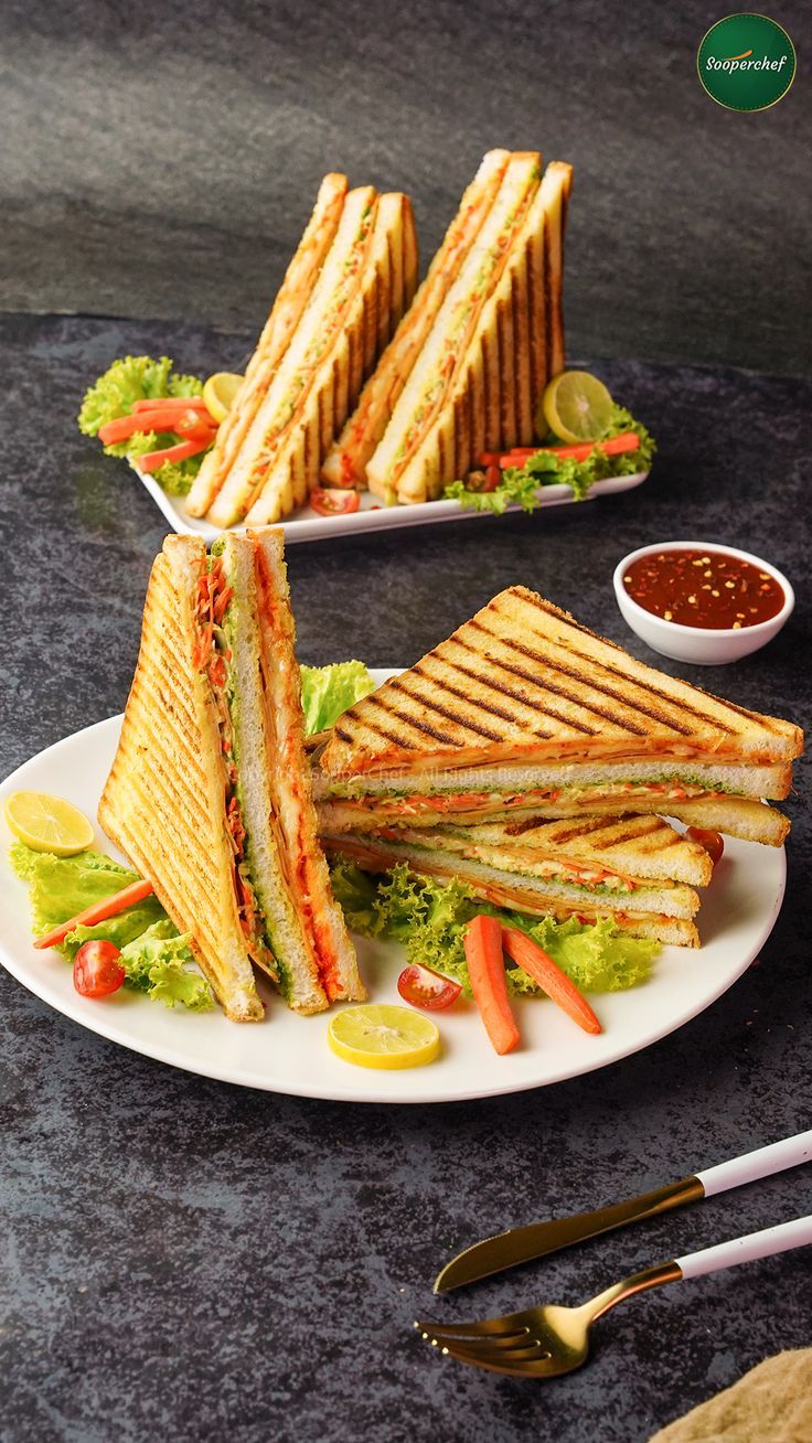 Deliciously Stacked Grilled Sandwiches with Fresh Vegetables and Dipping Sauce Against a Cozy Cafe Background