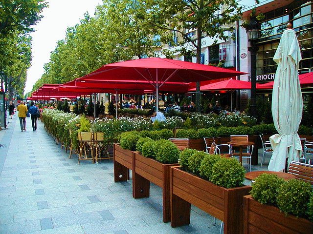 Vibrant Cafe Design: Inviting Outdoor Seating with Lush Greenery and Red Umbrellas