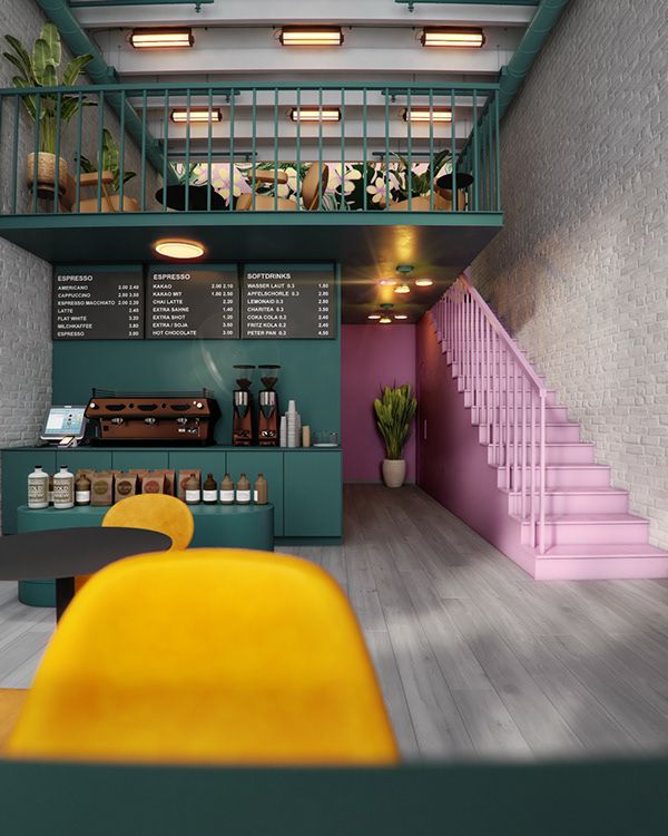 Modern Cafe Design Blends Vibrant Aesthetics with Cozy Comfort