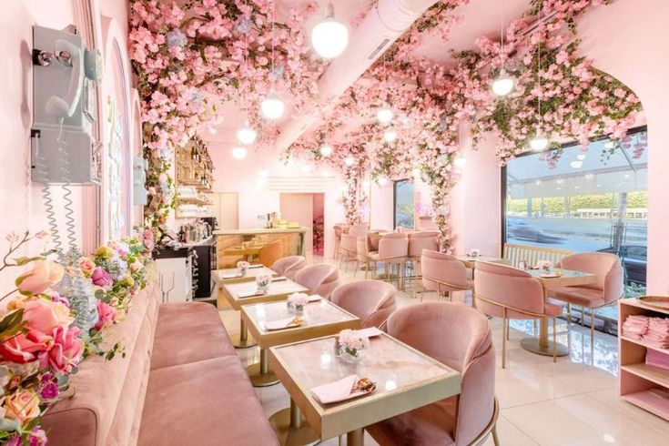 Charming Cafe with Whimsical Floral Design and Inviting Atmosphere