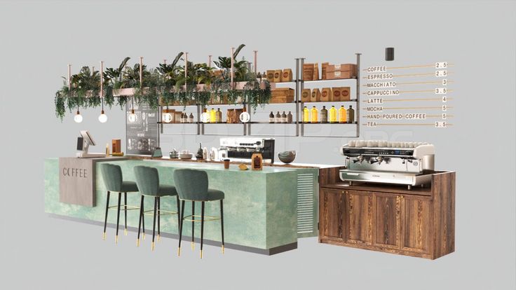 Modern Cafe Design with Mint-Green Accents and Cozy Aesthetic