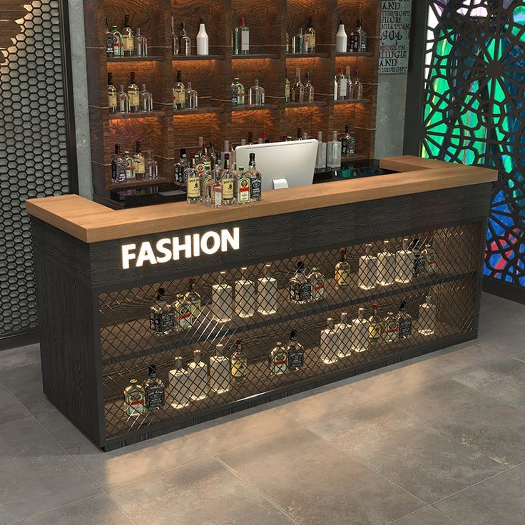 Stylish Cafe Design: Modern Bar Counter with Warm Wooden Accents and Industrial Detailing