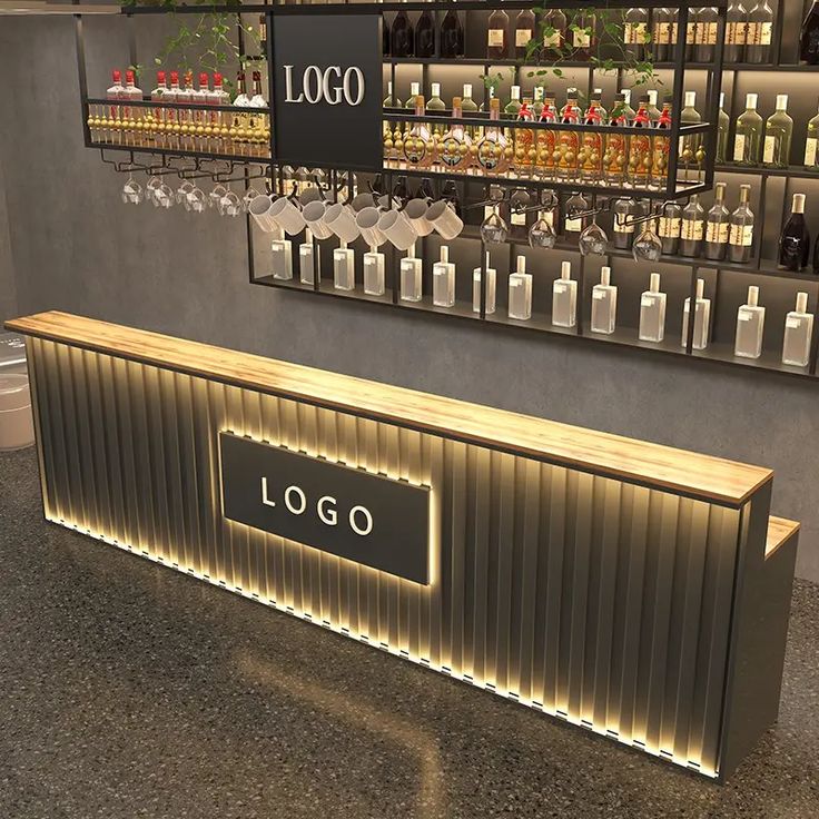 Sleek Metallic Bar Counter and Glass Rack Create a Sophisticated Atmosphere in a Modern Cafe Design