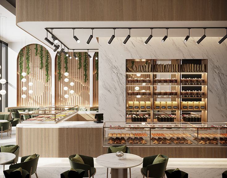 Modern Cafe Design: A Warm and Inviting Atmosphere with Elegant Wood and Marble Elements