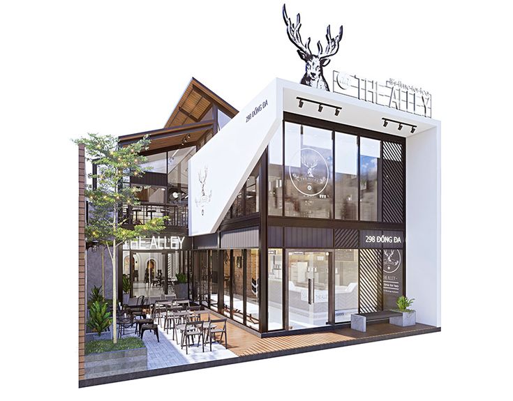 Contemporary Two-Story Cafe Design Blending Modern Aesthetics with Inviting Atmosphere