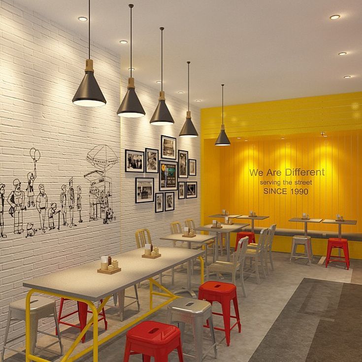 Contemporary Cafe Design: Vibrant Atmosphere with Colorful Accents and Warm Ambiance