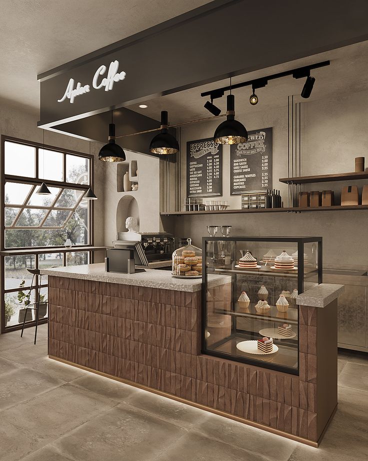 Modern Cafe Design: Inviting Interior with Textured Wood Counter, Pendant Lighting, and Natural Light