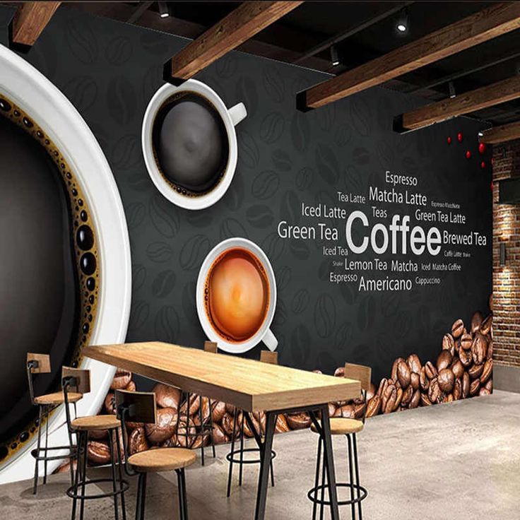 Modern Cafe Design: Inviting Atmosphere with Artistic Coffee Mural and Cozy Accents