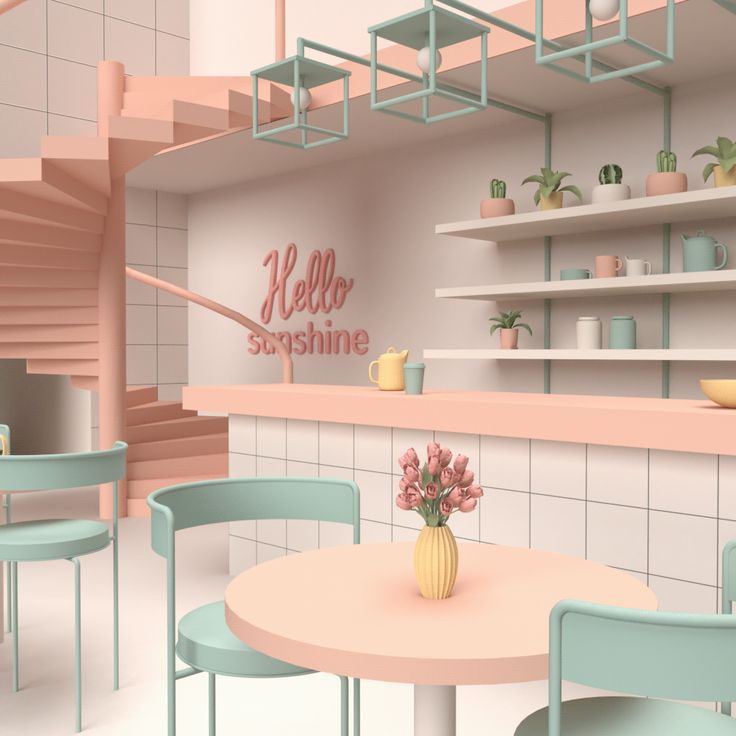 Bright and Inviting Cafe Design with Modern Aesthetic and Cheerful Pastel Palette