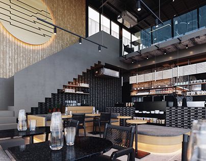 Modern Cafe Design: A Chic Two-Level Space with Stylish Materials and Inviting Ambiance