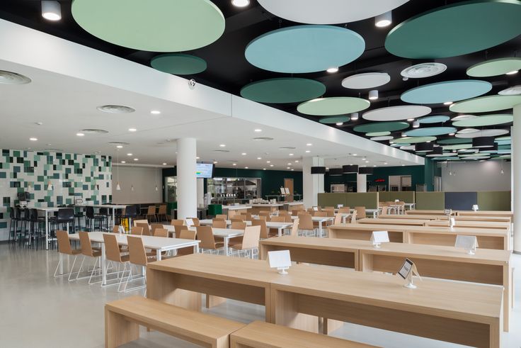 Modern Cafe Design: Spacious, Inviting Interior with Communal Seating and Natural Elements