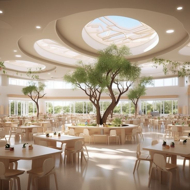 Airy Cafe Design with Natural Light, Indoor Tree Focal Point, and Calming Ambiance