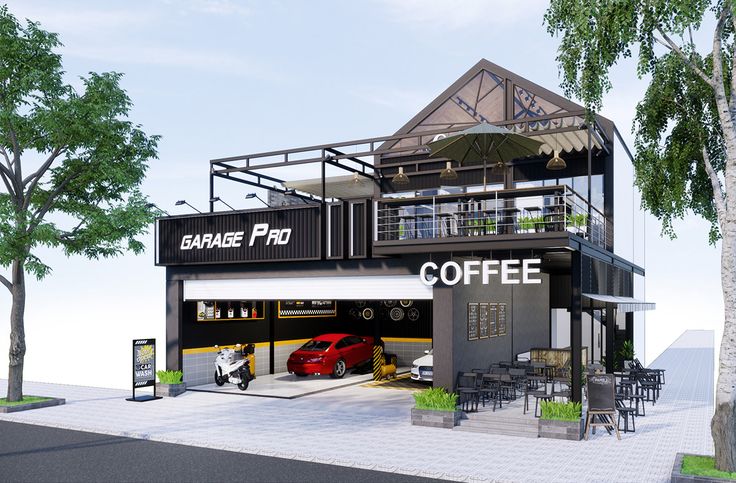 Modern Industrial Cafe Design with Two-Story Structure, Inviting Spaces, and Unique Garage-Style Seating