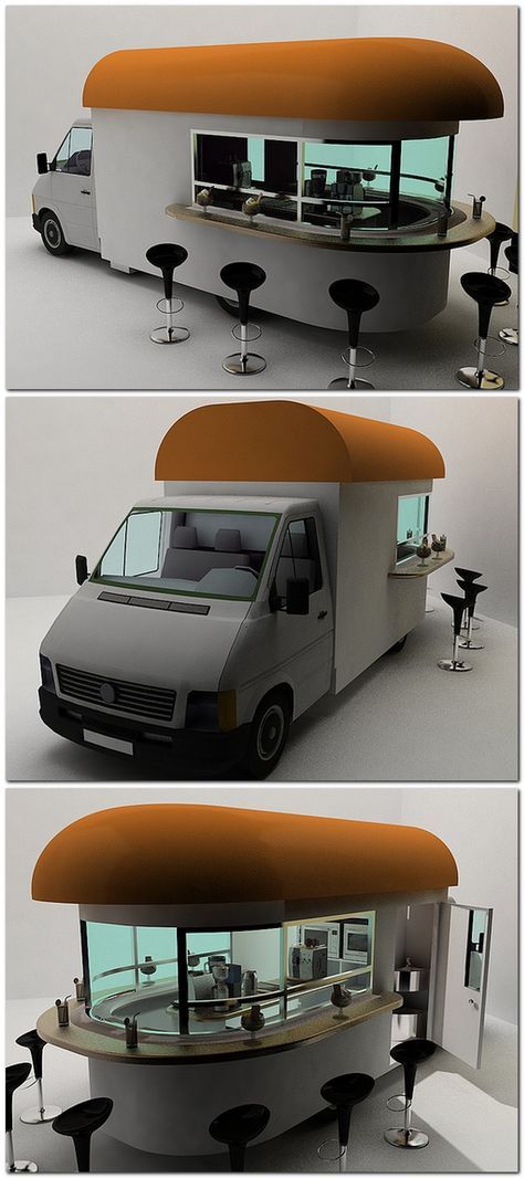 Modern Cafe Concept: A Sleek Food Truck-Inspired Design with Inviting Spaces and Vibrant Canopy