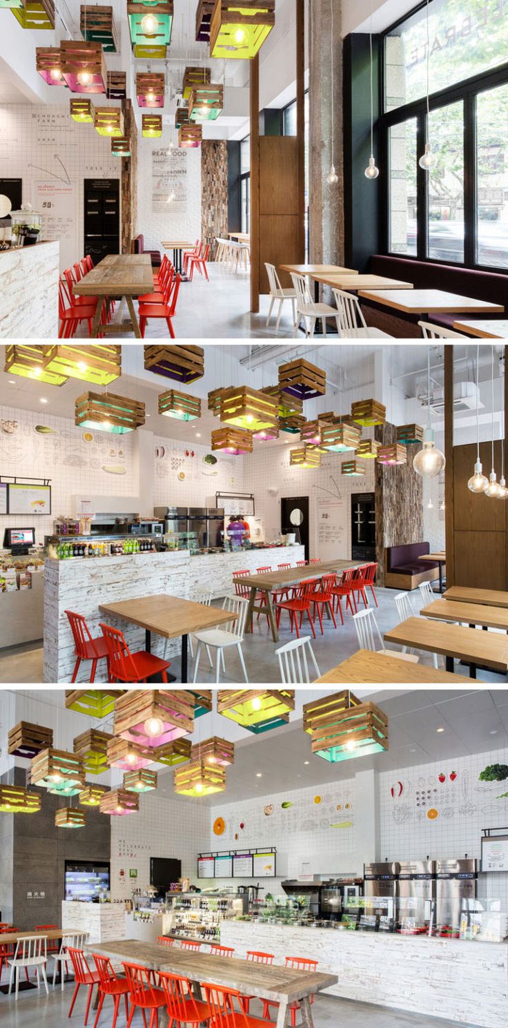 Vibrant Cafe Design: A Modern Aesthetic with Colorful Seating and Unique Lighting