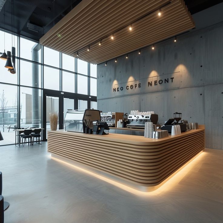 Modern Minimalist Cafe: A Harmonious Blend of Wood, Concrete, and Natural Light