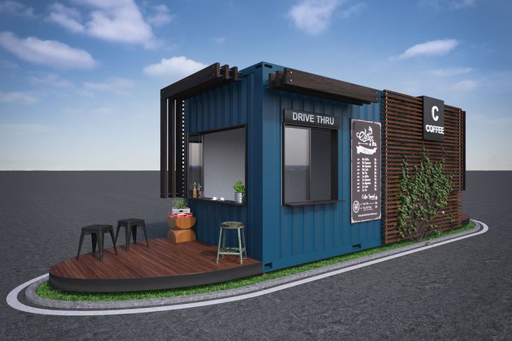 Modern Shipping Container Cafe Design with Natural Elements and Drive-Thru Convenience