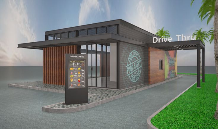 Modern Cafe Design: Sleek Architecture with Functional Drive-Thru and Inviting Atmosphere