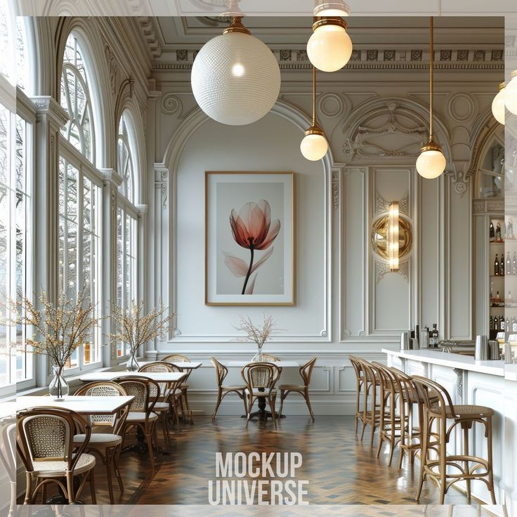 Elegant Cafe Design with Natural Light, Classic and Contemporary Elements, and Cozy Ambiance