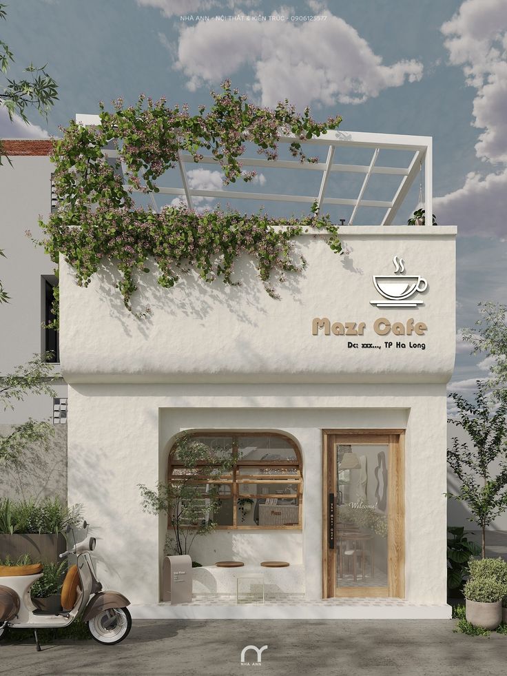 Modern Minimalist Cafe Design with Natural Greenery and Inviting Atmosphere