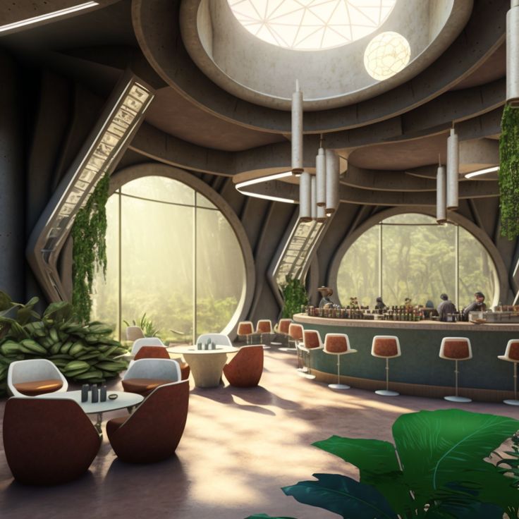 Futuristic Cafe Design: A Harmonious Blend of Nature and Contemporary Aesthetics