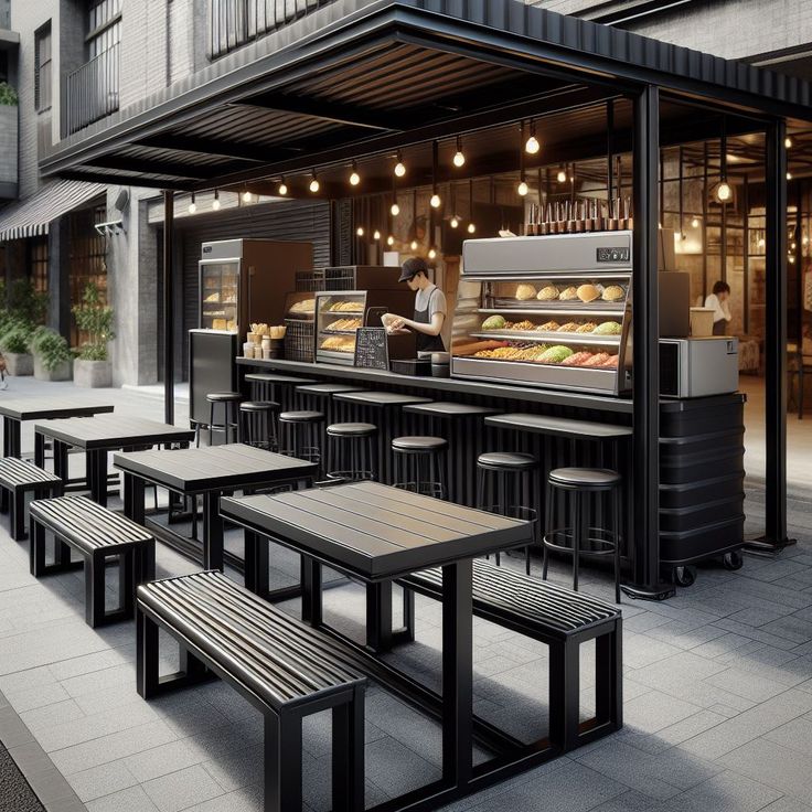 Sleek Outdoor Cafe Design with Modern Aesthetics and Inviting Atmosphere