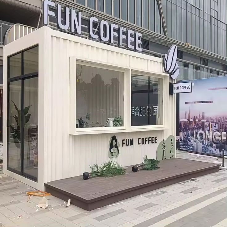 Modern Minimalist Shipping Container Cafe Design with Inviting Outdoor Space and Distinctive Branding