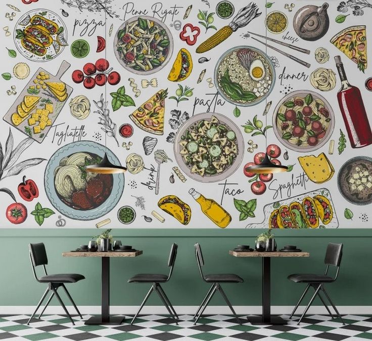 Vibrant Mural Enhances Cafe's Modern Design with Whimsical Food Illustrations and Minimalist Furnishings