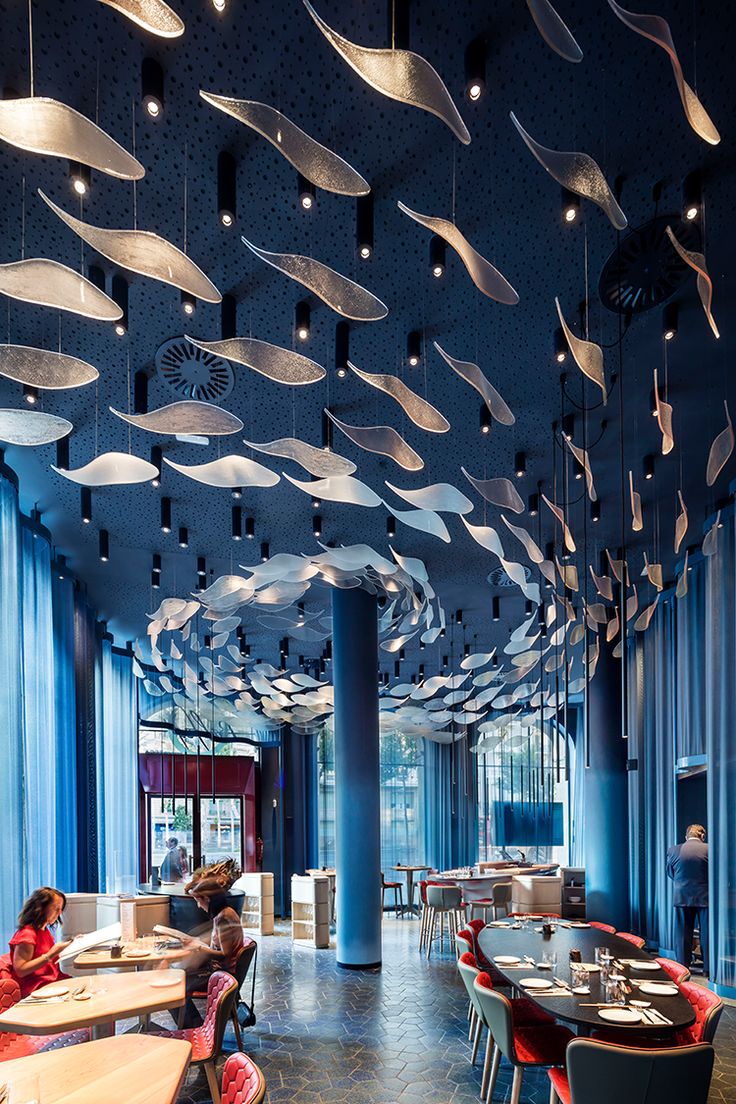 Innovative Cafe Design: Fluid Fish-Shaped Ceilings, Natural Light, and Inviting Atmosphere