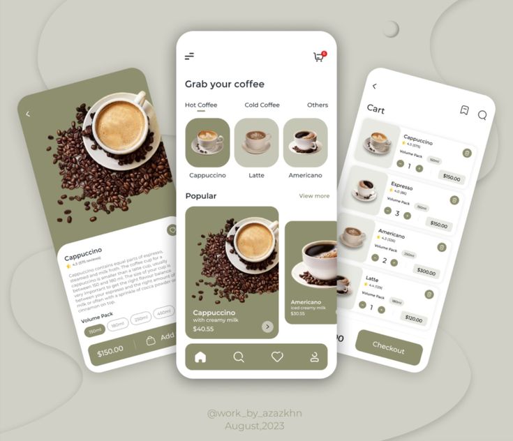 Modern Cafe App Interface: A User-Friendly Design Emphasizing Natural Aesthetics and Seamless Navigation