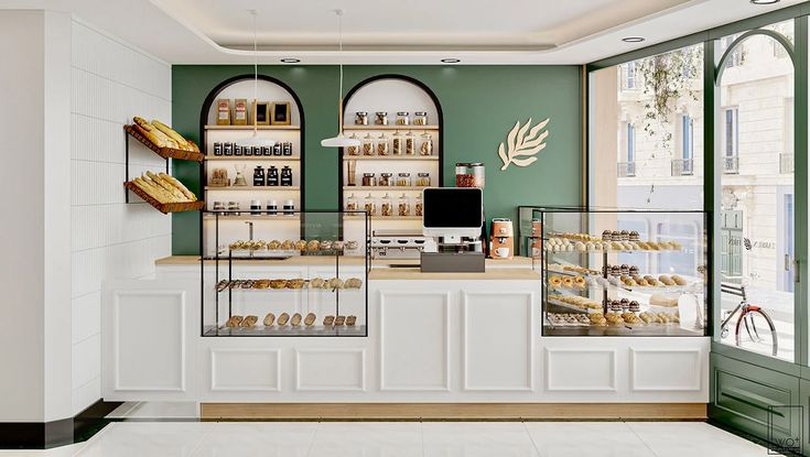 Stylish Cafe Design Featuring Inviting Counter, Natural Materials, and Abundant Natural Light