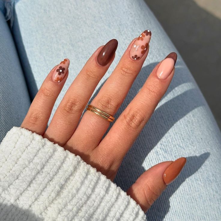 Chic Contemporary Manicure: Elegant Earthy Tones with Floral Accents