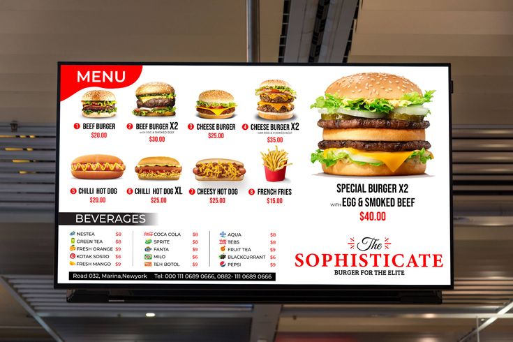 Modern Cafe Design Showcasing Digital Menu and Vibrant Burger Selection