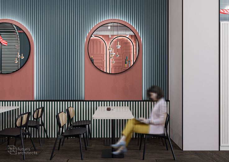 Modern Cafe Design: A Harmonious Blend of Vertical Stripes and Circular Elements for Inviting Comfort