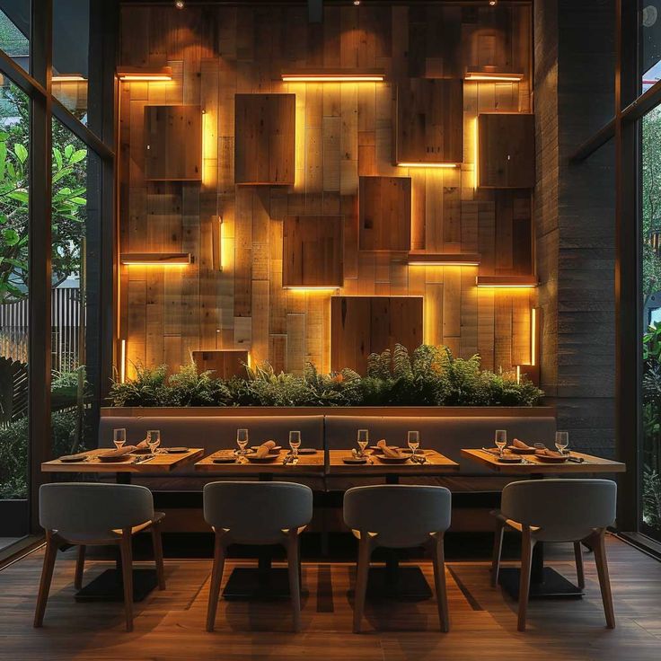 Inviting Cafe Design Showcases Stunning Wooden Wall with Backlit Features and Lush Greenery for a Serene Dining Experience