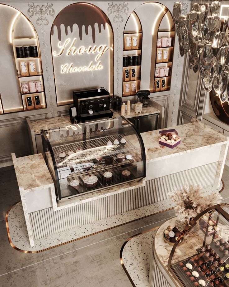 Luxurious Cafe Design Blends Elegance and Warmth with Exquisite Decor and Gourmet Displays