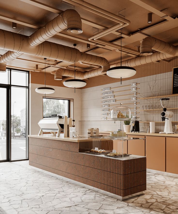 Modern Cafe Design: A Warm, Inviting Space with Natural Light and Industrial Touches