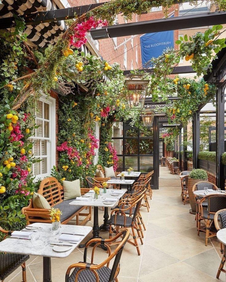 Charming cafe design with vibrant outdoor terrace and cozy bistro seating for a relaxed ambiance