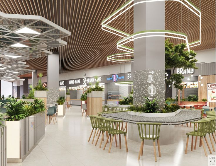 Modern Cafe Design: A Harmonious Blend of Nature and Sleek Materials in a Spacious Layout