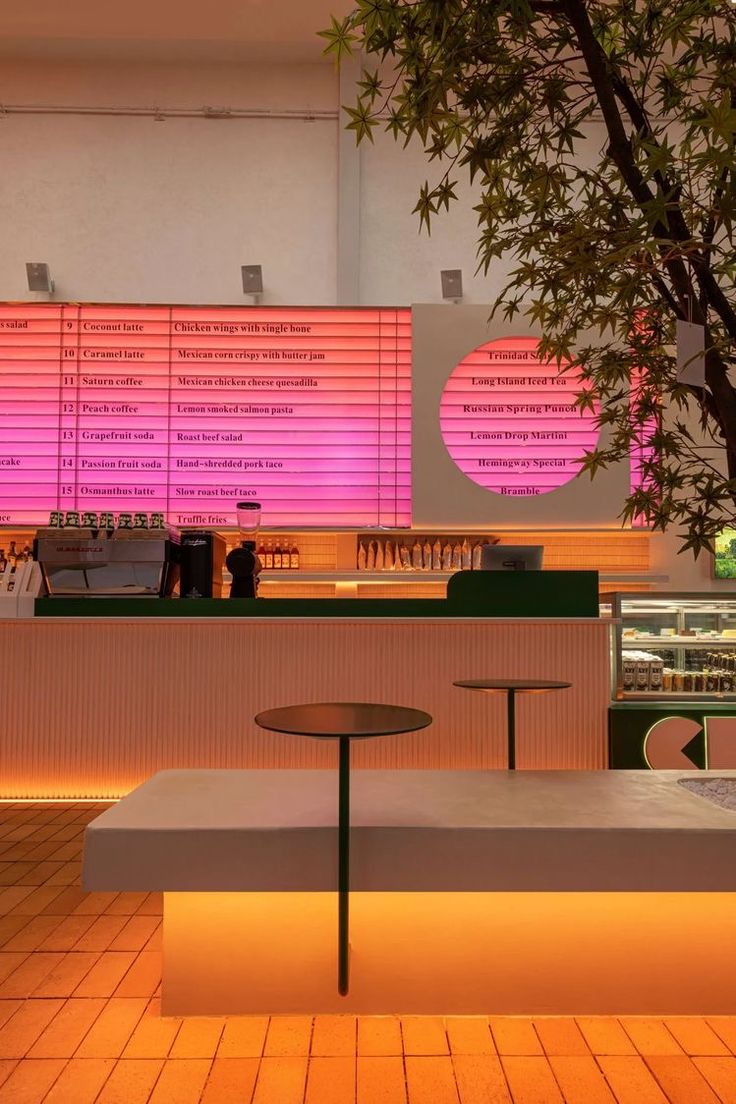 Vibrant Modern Cafe Design with Striking Colors and Inviting Atmosphere