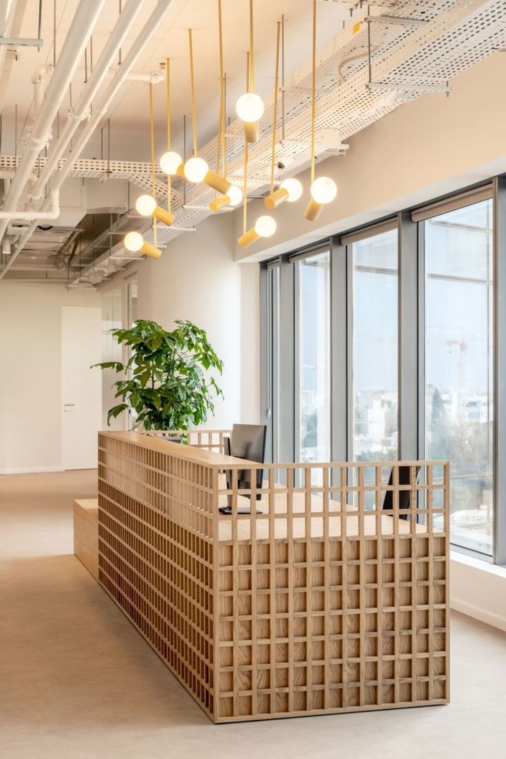 Welcoming Modern Cafe Design with Textured Wooden Front Desk and Inviting Ambiance