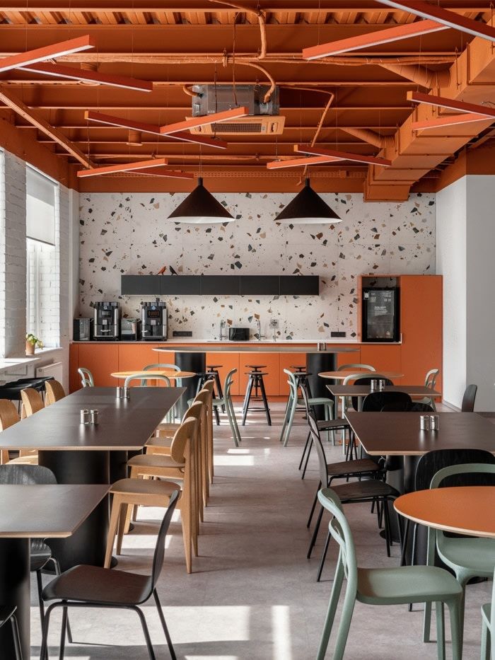 Modern Cafe Design with Vibrant Colors and Urban Aesthetic