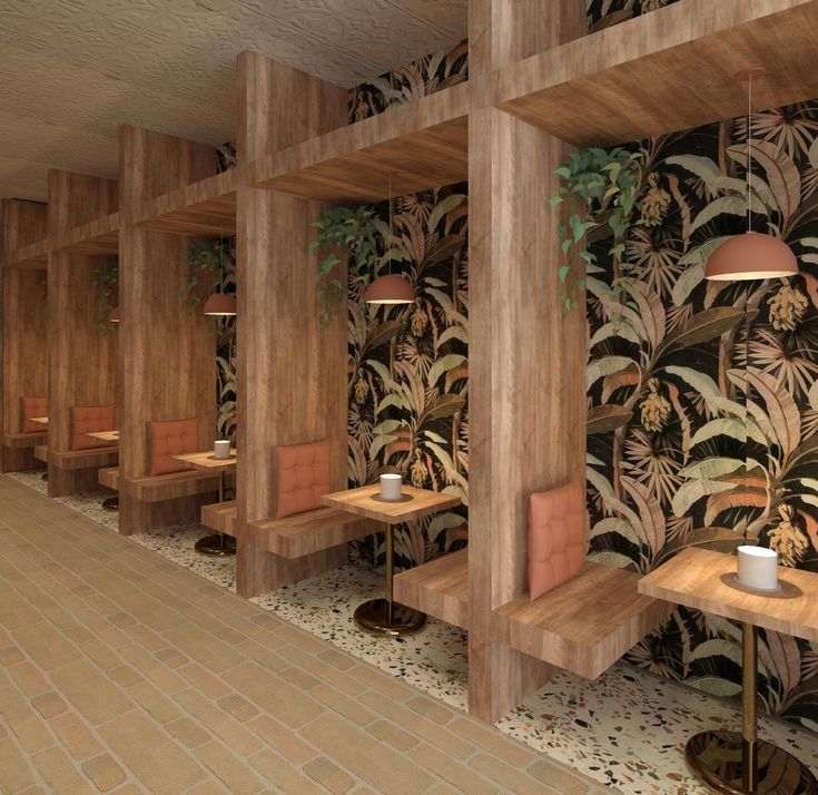 Inviting Cafe Design Blends Stylish Wood Paneling with Cozy Seating and Lush Greenery