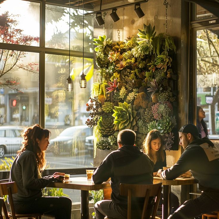 Inviting Cafe Design Harmonizes Natural Light, Verdant Elements, and Modern Aesthetics for Ideal Socializing