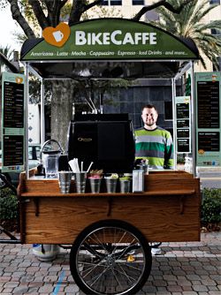 Stylish Mobile Coffee Cart with Espresso Machine Enhances Outdoor Cafe Experience