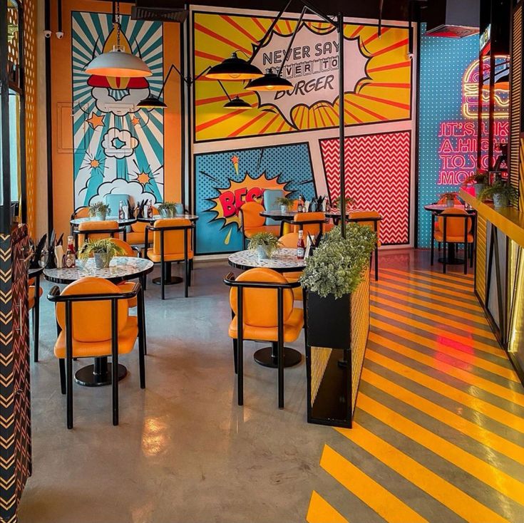 Vibrant Cafe Design: A Playful Fusion of Bold Colors and Comic Graphics