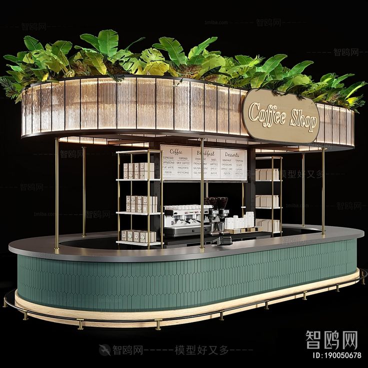 Stylish Cafe Design Highlights Modern Counter with Greenery Canopy and Functional Elegance