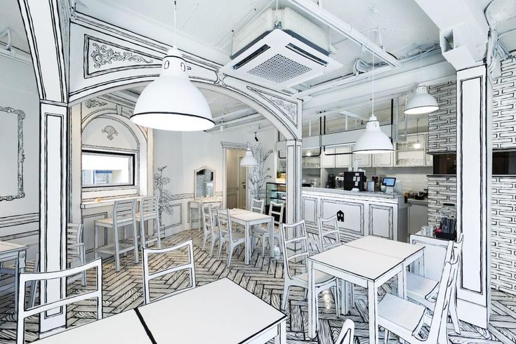 Artistic Monochromatic Cafe Design: A Blend of Minimalism and Playfulness