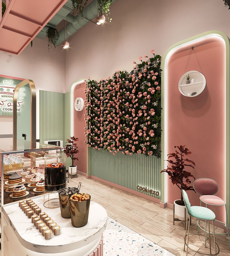 Charming Cafe Design Blends Pastel Aesthetics and Natural Elements for a Welcoming Ambiance