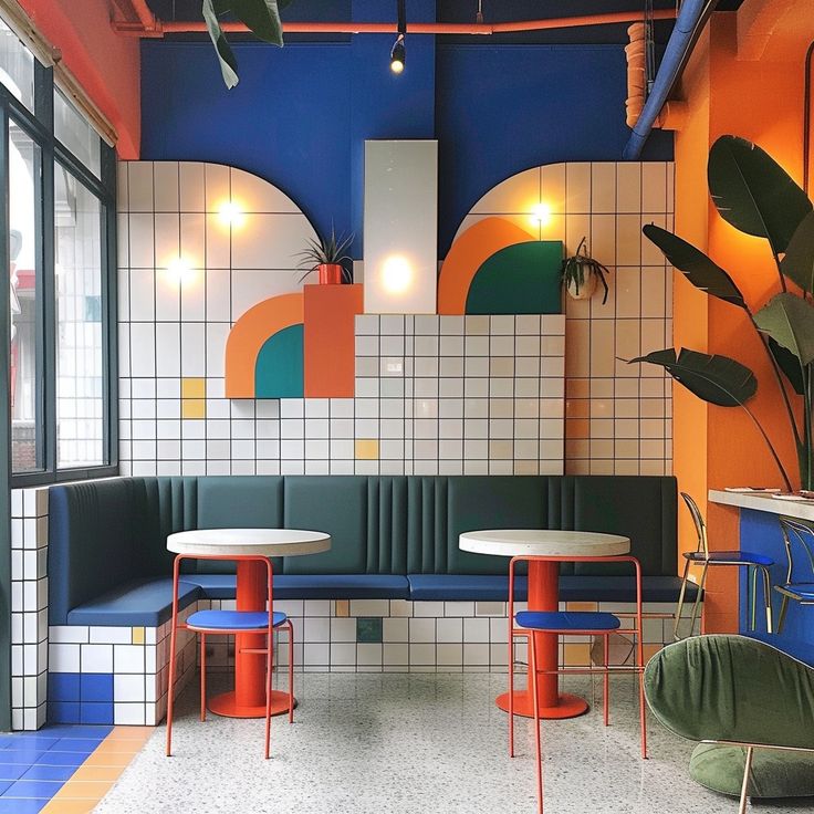 Vibrant Cafe Design with Bold Colors, Geometric Shapes, and Cozy Atmosphere